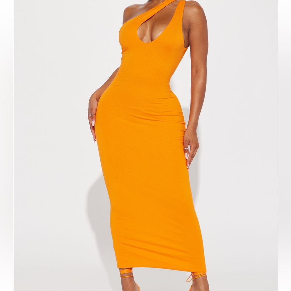 Neon bright cut out one shoulder midi maxi bodycon orange dress small